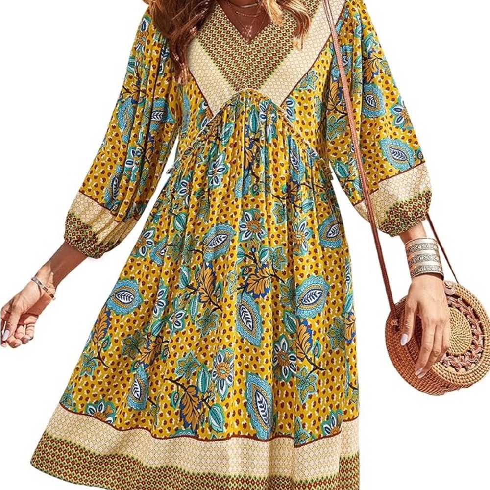BTFBM Yellow and Blue V-Neck Sundress with 3/4 Sleeves - SIZE: XL